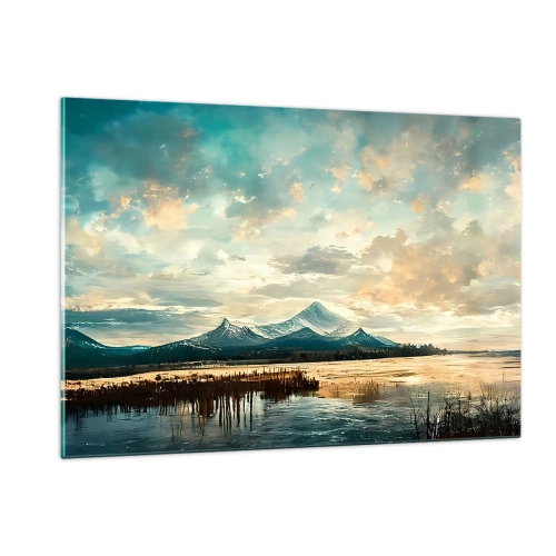 Obraz na szkle - Zimowy krajobraz z górami i zamarzniętym jeziorem - 120x80cm - Pod opieką nieba - Nowoczesna dekoracja ścienna do salonu, kuchni i sypialni ARTTOR