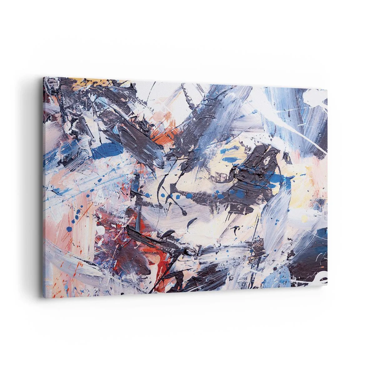 Obraz na płótnie - Abstrakcja z dynamicznymi pociągnięciami pędzla w kolorach błękitu i czerwieni - 100x70cm - Szalony taniec abstrakcji - Nowoczesna dekoracja ścienna do salonu, kuchni i sypialni ARTTOR