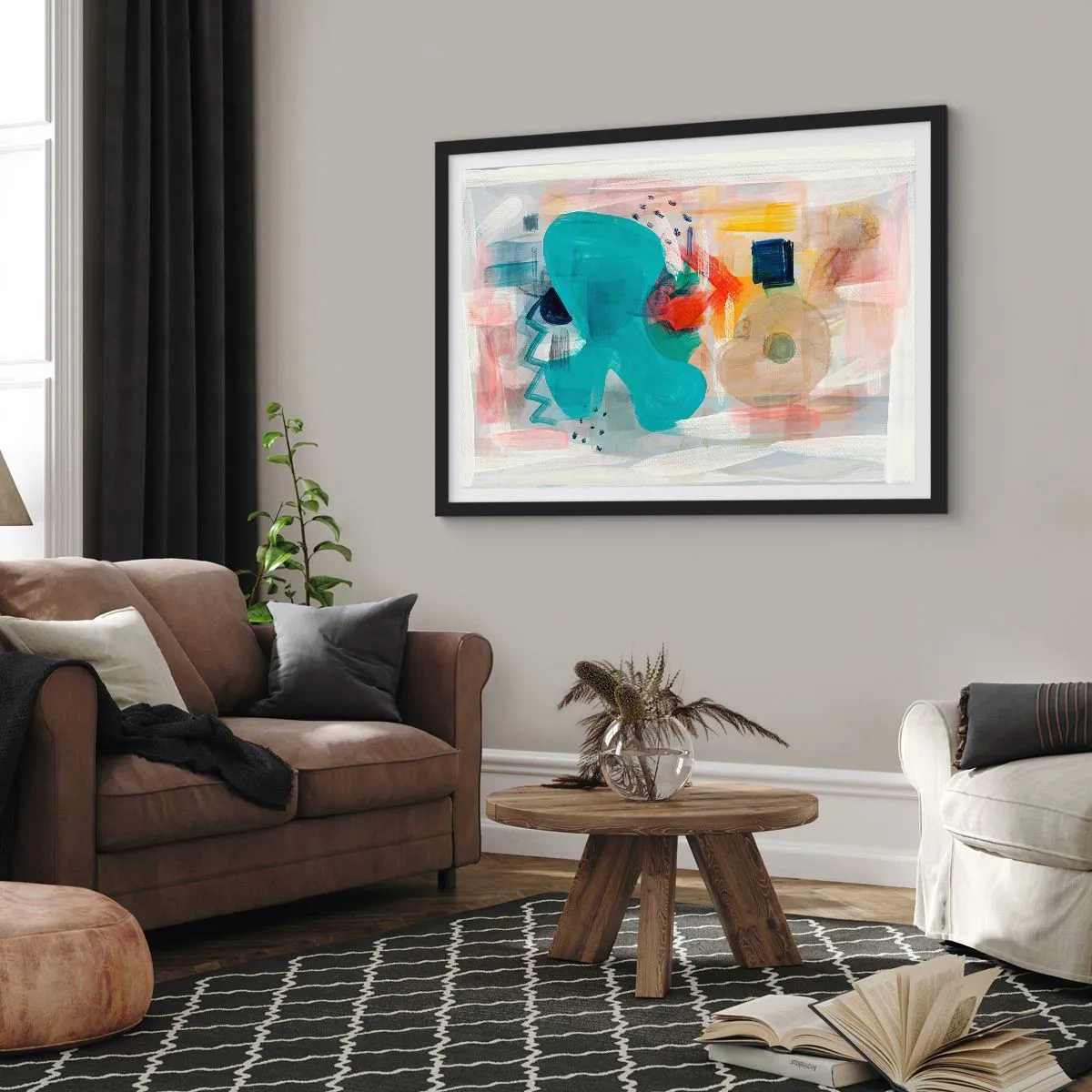 Plakat w czarnej ramie - Abstrakcyjne kształty i kolory tworzące dynamiczną kompozycję - 100x70cm - Kolorowa gra - Nowoczesna dekoracja ścienna do salonu i sypialni ARTTOR