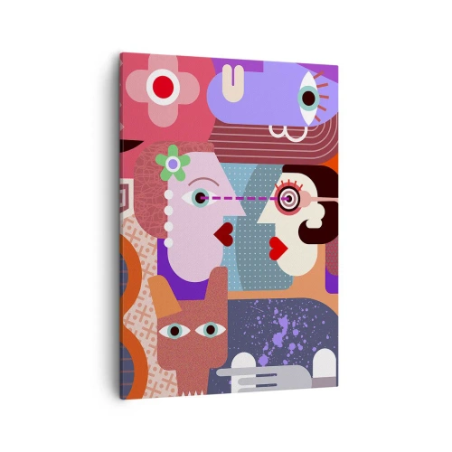 Obraz na płótnie - Abstrakcyjna kompozycja dwóch twarzy w stylu kubistycznym z żywą kolorystyką - 50x70cm - Oko w oko - Nowoczesna dekoracja ścienna do salonu, kuchni i sypialni ARTTOR