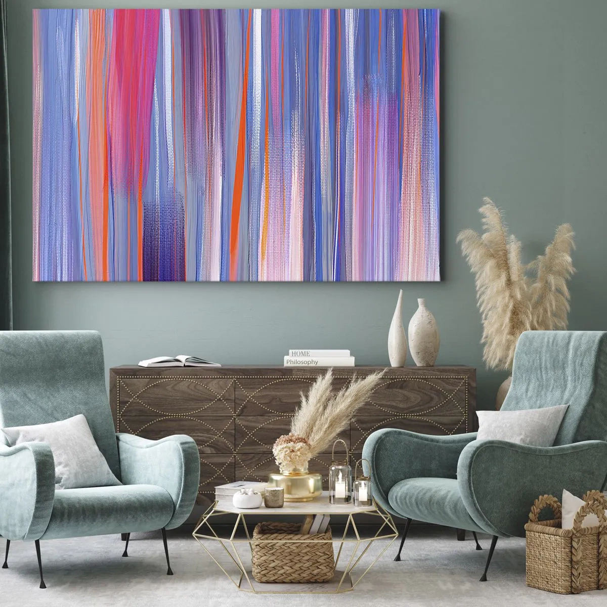 Obraz na płótnie - Abstrakcyjne pionowe linie w odcieniach niebieskiego i różu - 70x50cm - Wtęczowstąpienie - Nowoczesna dekoracja ścienna do salonu i sypialni ARTTOR