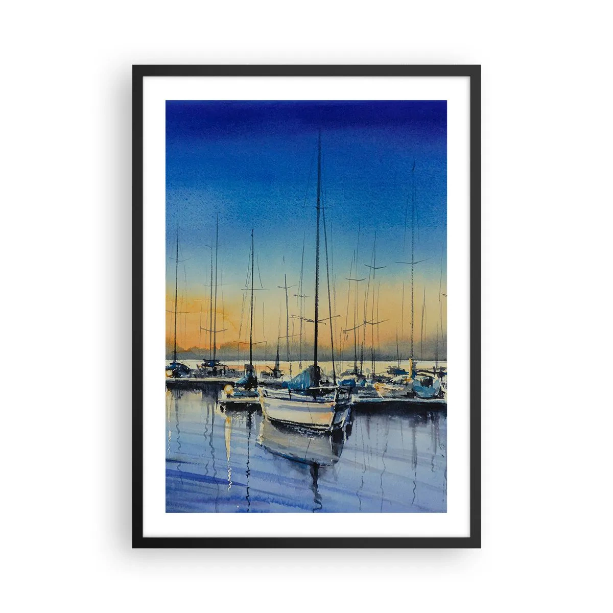 Plakat w czarnej ramie - Malarska scena z żaglówkami w porcie o zachodzie słońca - 50x70cm - Koniec dobrego dnia - Nowoczesna dekoracja ścienna do salonu i sypialni ARTTOR