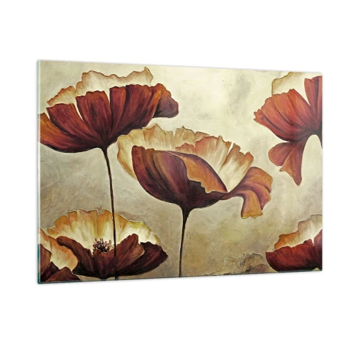 Obraz na szkle - Makowe kwiaty w odcieniach czerwieni i złota na jasnym tle - 120x80cm - Łąki łan - Nowoczesna dekoracja ścienna do salonu, kuchni i sypialni ARTTOR