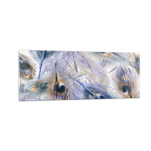 Obraz na szkle - Wzór z piórami pawia w odcieniach błękitu i złota - 140x50cm - Pawiooka kompozycja - Nowoczesna dekoracja ścienna do salonu i sypialni ARTTOR