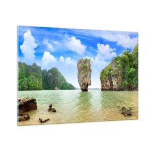 Obraz na szkle - Skała na wodzie w otoczeniu tropikalnych wysp - 100x70cm - Skalne dziwy natury - Nowoczesna dekoracja ścienna do salonu, kuchni i sypialni ARTTOR