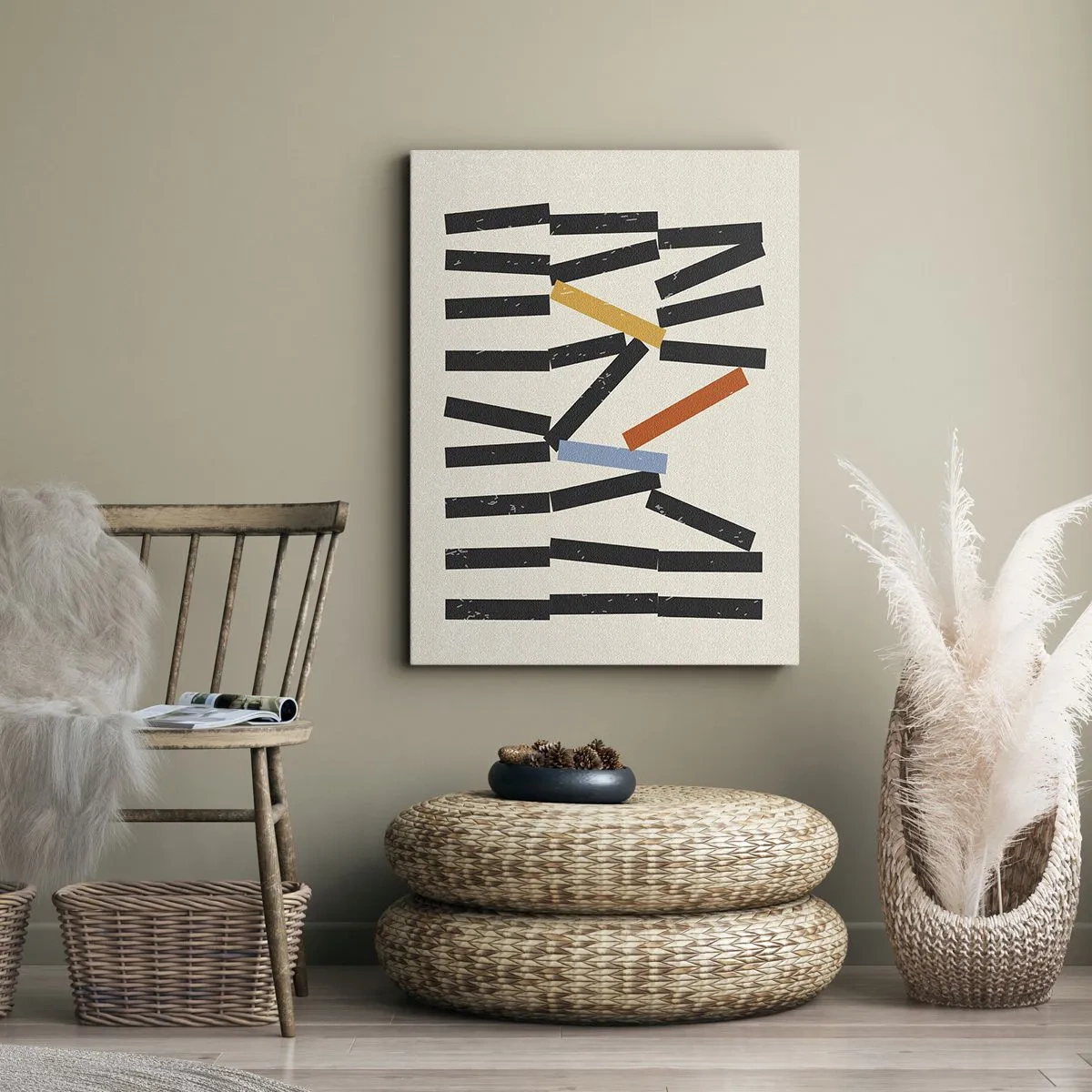 Obraz na płótnie - Abstrakcyjna kompozycja geometryczna z czarnymi i kolorowymi elementami - 50x70cm - Domino – kompozycja - Nowoczesna dekoracja ścienna do salonu, kuchni i sypialni ARTTOR