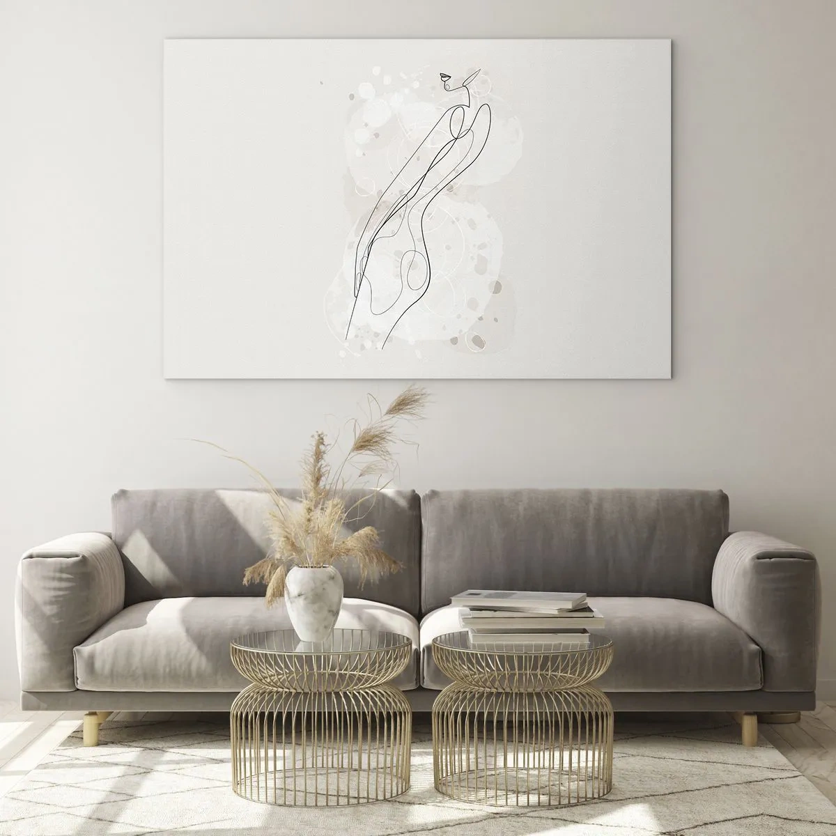 Obraz na szkle - Konturowa sylwetka kobiety w odcieniach beżu - 70x50cm - Pobłądzić spojrzeniem - Nowoczesna dekoracja ścienna do salonu i sypialni ARTTOR