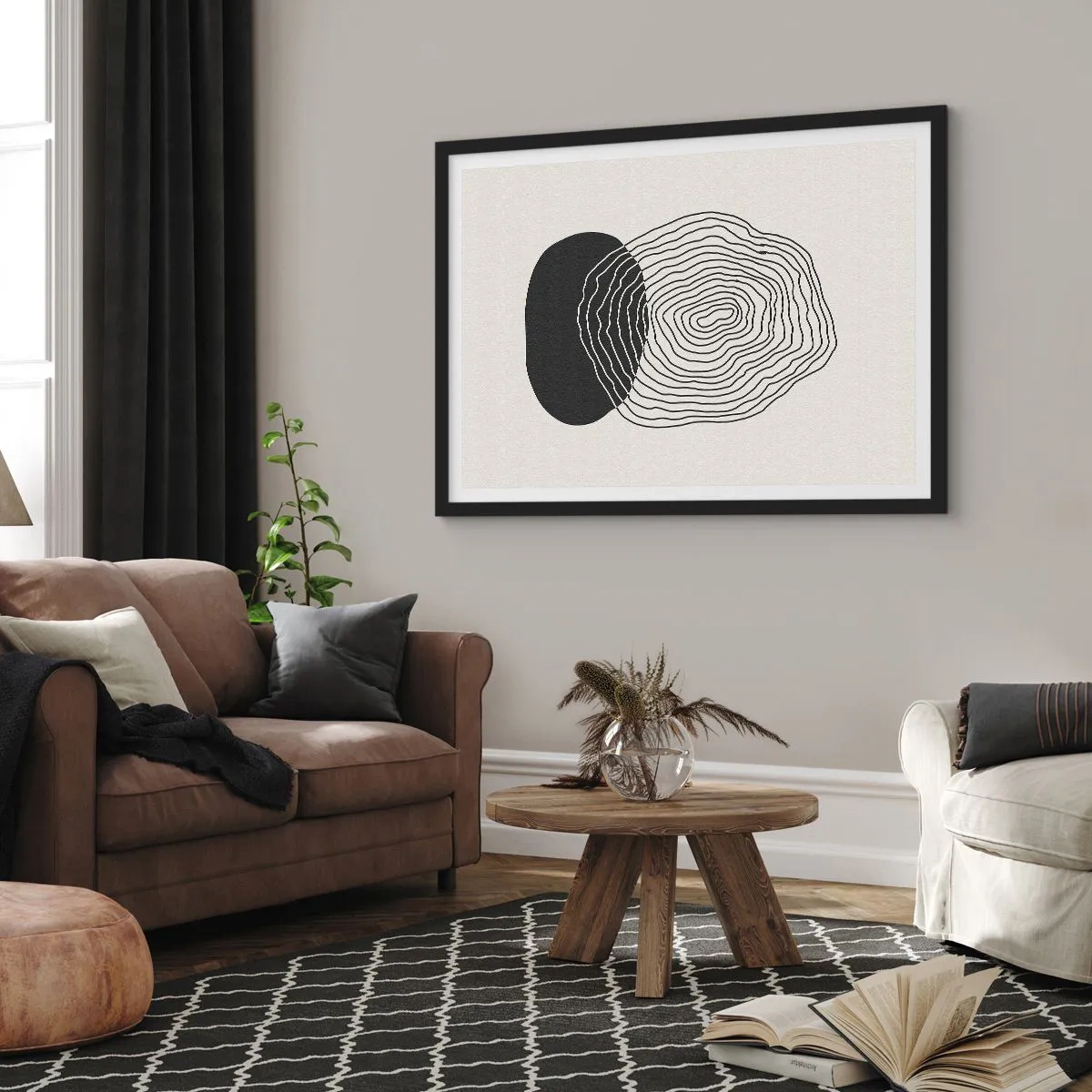 Plakat w czarnej ramie - Abstrakcyjny wzór z liniami i kształtami w czerni i bieli - 100x70cm - Trwanie i drganie - Nowoczesna dekoracja ścienna do salonu i sypialni ARTTOR