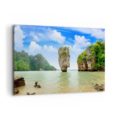 Obraz na płótnie - Egzotyczna formacja skalna otoczona wodą i zielenią pod błękitnym niebem - 100x70cm - Skalne dziwy natury - Nowoczesna dekoracja ścienna do salonu, kuchni i sypialni ARTTOR