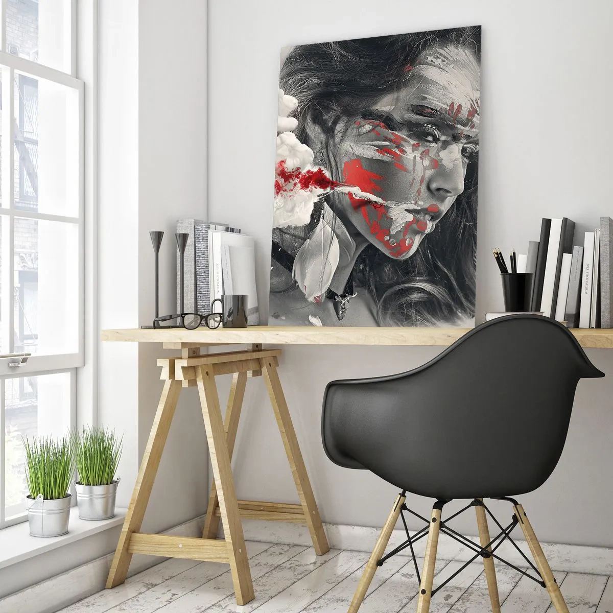 Obraz na szkle - Portret kobiety z abstrakcyjnymi czerwonymi i białymi wzorami - 50x70cm - W oparach absurdu - Nowoczesna dekoracja ścienna do salonu, kuchni i sypialni ARTTOR