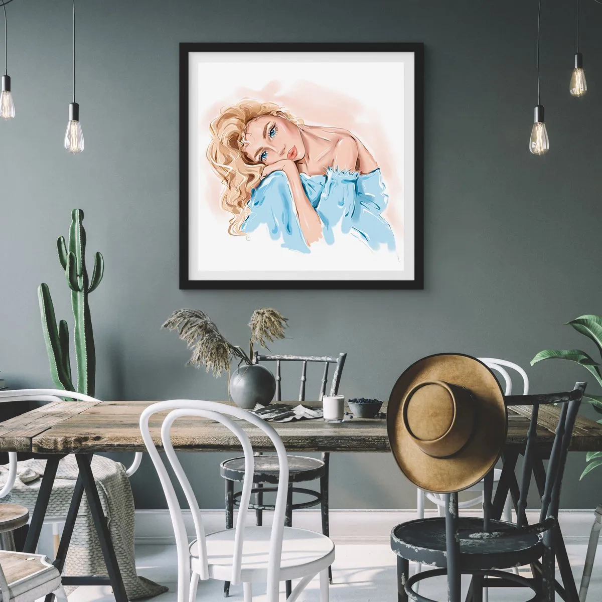 Plakat w czarnej ramie - Rozmarzona w błękicie - 60x60 cm