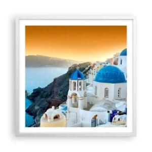 Plakat w białej ramie - Santorini - przytulone do skał - 60x60 cm