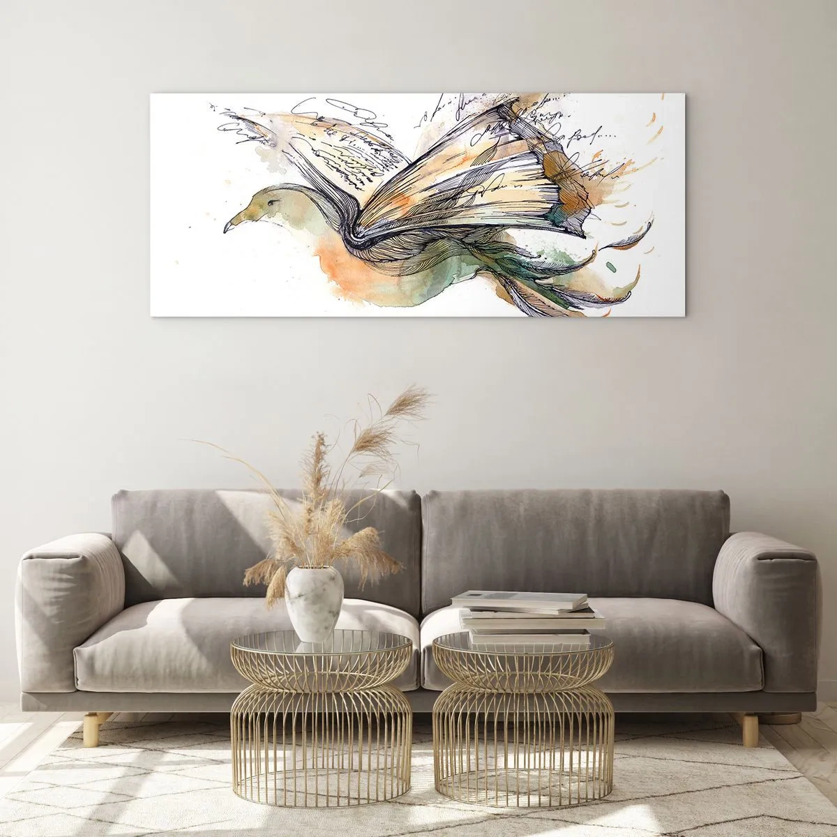 Obraz na szkle - Artystyczna akwarela ptaka z książką jako skrzydłami - 120x50cm - Na skrzydłach poezji - Nowoczesna dekoracja ścienna do salonu i sypialni ARTTOR