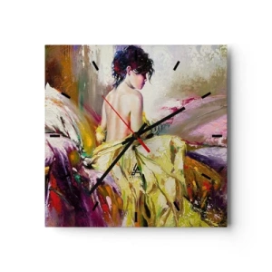 Zegar ścienny - Malarska scena kobiety na łóżku w romantycznej atmosferze - 30x30cm - Między ustami a brzegiem pucharu - Nowoczesna dekoracja ścienna do salonu i sypialni ARTTOR