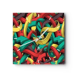 Zegar ścienny - Abstrakcyjne strzałki w żywych kolorach tworzące chaos - 30x30cm - Którędy do celu? - Nowoczesna dekoracja ścienna do salonu i sypialni ARTTOR