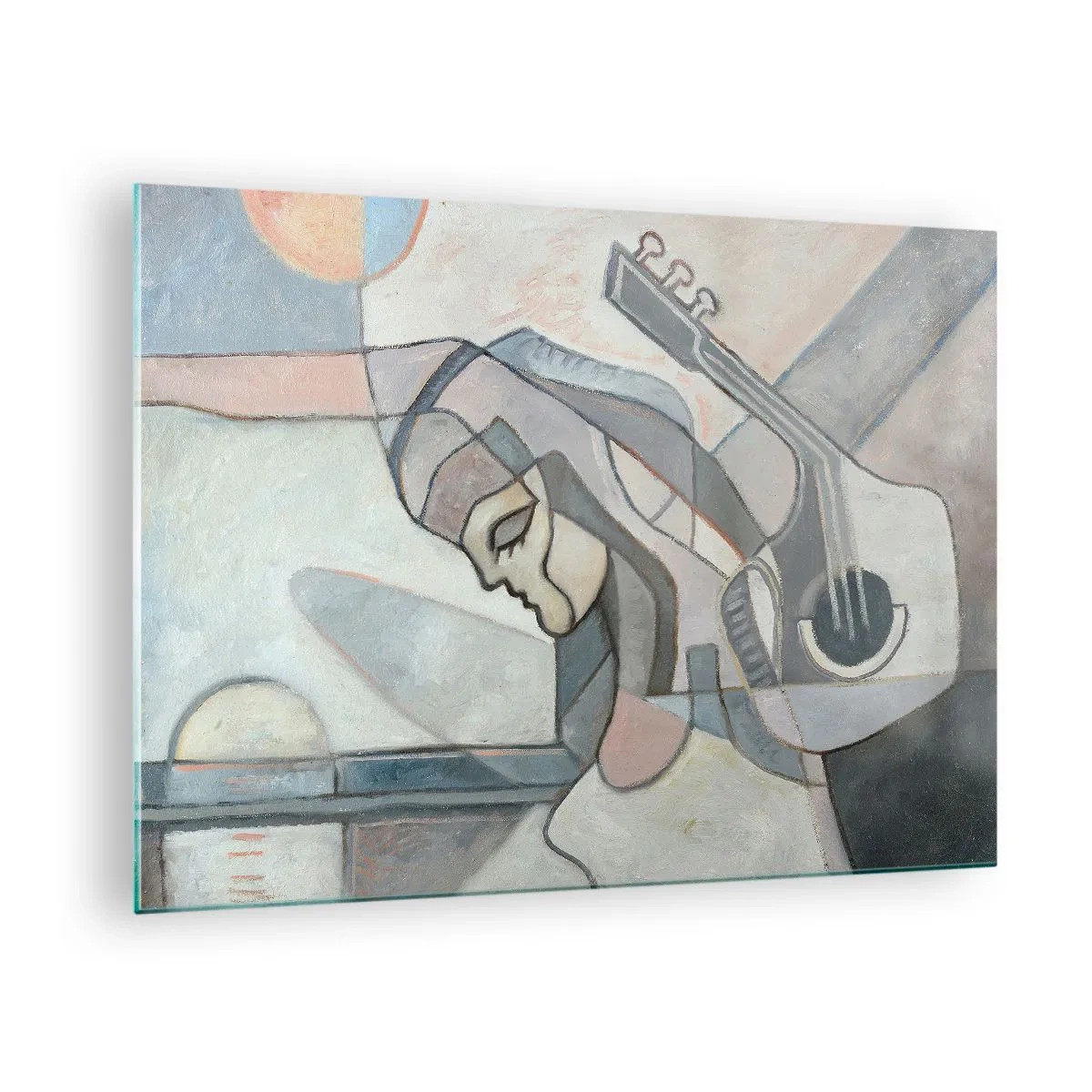 Obraz na szkle - Artystyczna postać kobiety z gitarą w pastelowych barwach - 70x50cm - We władzy muzyki - Nowoczesna dekoracja ścienna do salonu i sypialni ARTTOR