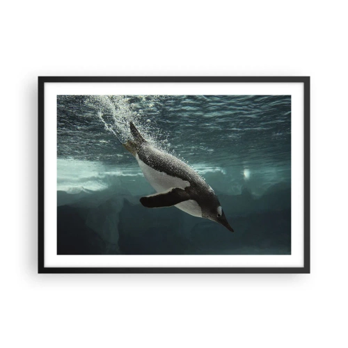 Plakat w czarnej ramie - Pingwin nurkujący w głębinach lodowej wody - 70x50cm - Witaj w moim świecie - Nowoczesna dekoracja ścienna do salonu i sypialni ARTTOR