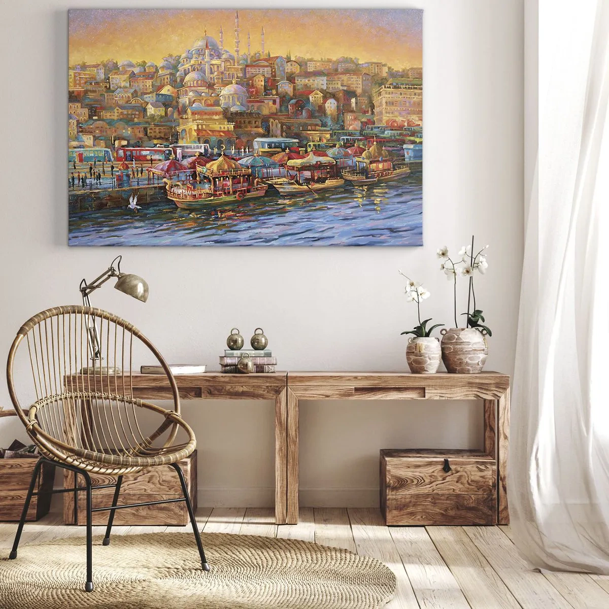 Obraz na płótnie - Malownicza panorama Stambułu z widokiem na zatokę i miasto - 70x50cm - Stambulska opowieść - Nowoczesna dekoracja ścienna do salonu i sypialni ARTTOR