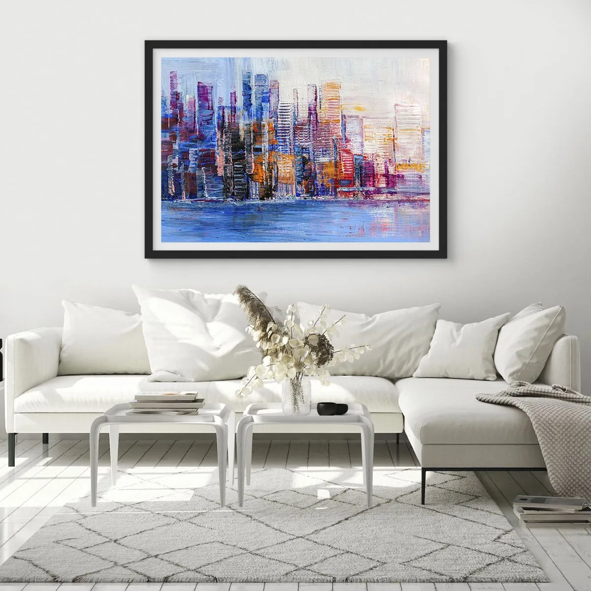 Plakat w czarnej ramie - Kolorowa panorama miasta z refleksami na wodzie - 70x50cm - Radosna metropolia - Nowoczesna dekoracja ścienna do salonu i sypialni ARTTOR