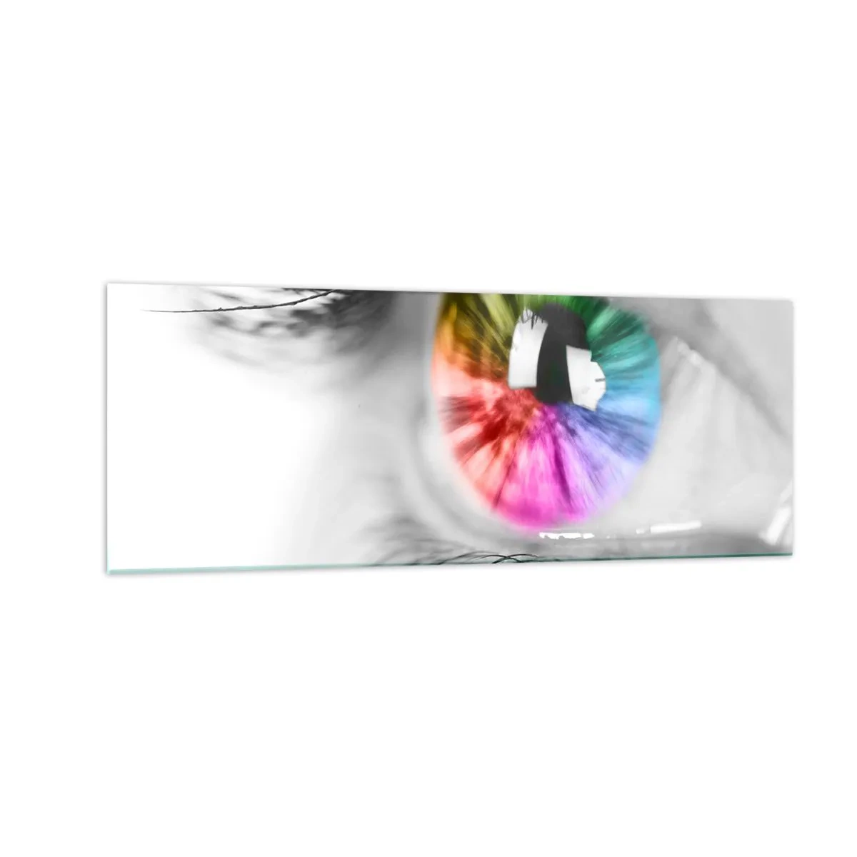 Obraz na szkle - Artystyczne ujęcie oka z tęczową tęczówką na szarym tle - 140x50cm - Patrzeć na świat kolorowo - Nowoczesna dekoracja ścienna do salonu i sypialni ARTTOR