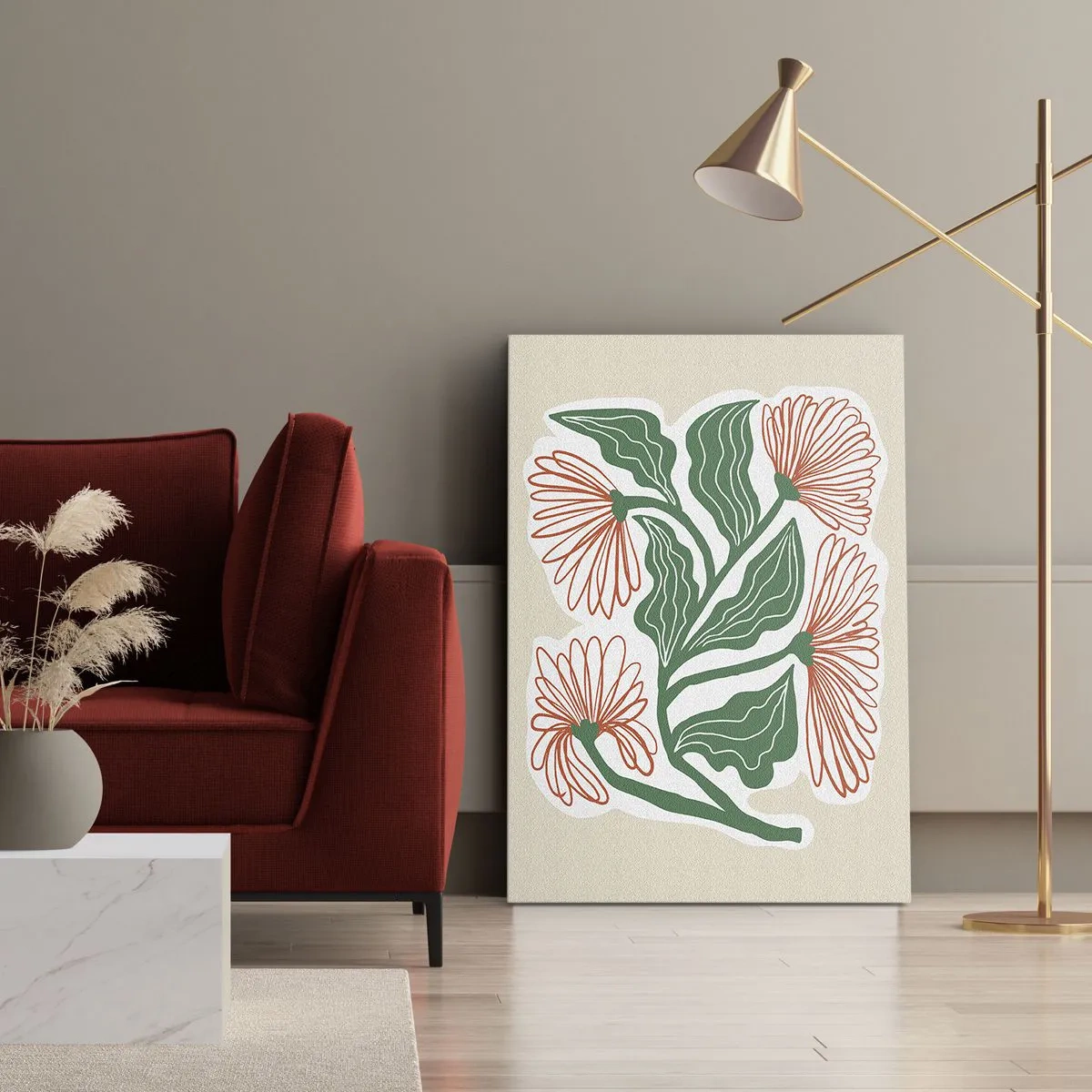 Obraz na płótnie - Rysunek kwiatów w stylu minimalistycznym z zielonymi liśćmi - 70x100cm - Ludowe i nowoczesne - Nowoczesna dekoracja ścienna do salonu i sypialni ARTTOR