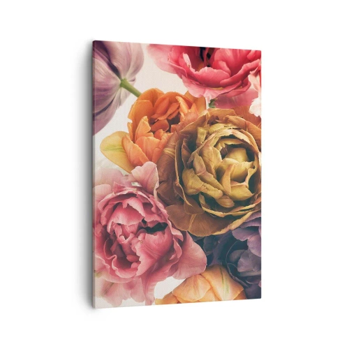 Obraz na płótnie - Bukiet kolorowych piwonii i tulipanów w pełnym rozkwicie - 50x70cm - Święto życia - Nowoczesna dekoracja ścienna do salonu, kuchni i sypialni ARTTOR