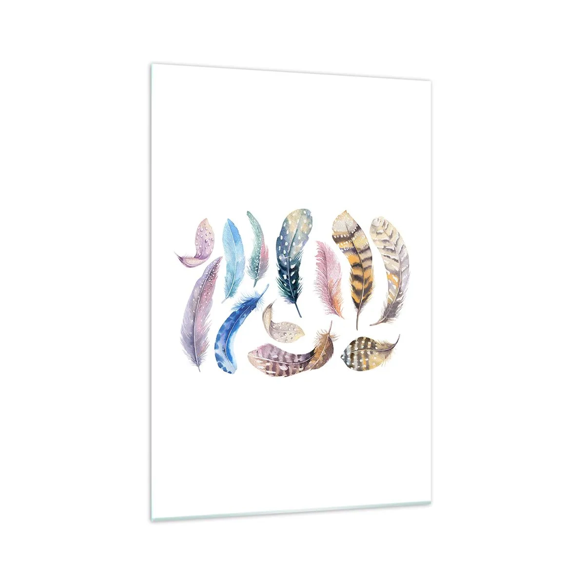 Obraz na szkle - Kolorowe pióra w delikatnym akwarelowym stylu - 70x100cm - Lekkie, pstrokate i wielobarwne - Nowoczesna dekoracja ścienna do salonu i sypialni ARTTOR