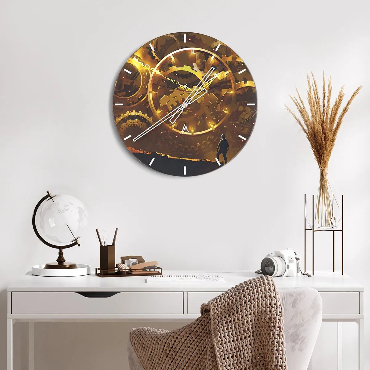 Zegar ścienny - Złote zębate koła w mechanicznym, industrialnym stylu - 30x30cm - U źródeł czasu - Nowoczesna dekoracja ścienna do salonu, kuchni i sypialni ARTTOR
