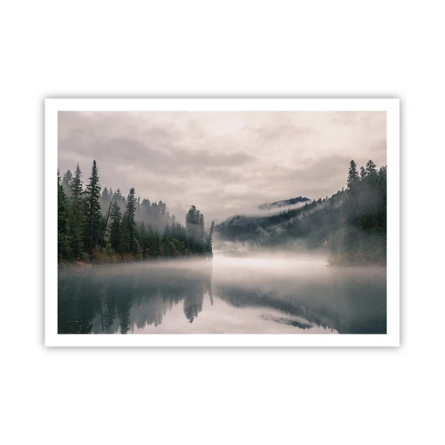 Plakat - Mglisty las odbijający się w spokojnym jeziorze - 100x70cm - W zadumie, we mgle - Nowoczesna dekoracja ścienna do salonu i sypialni ARTTOR