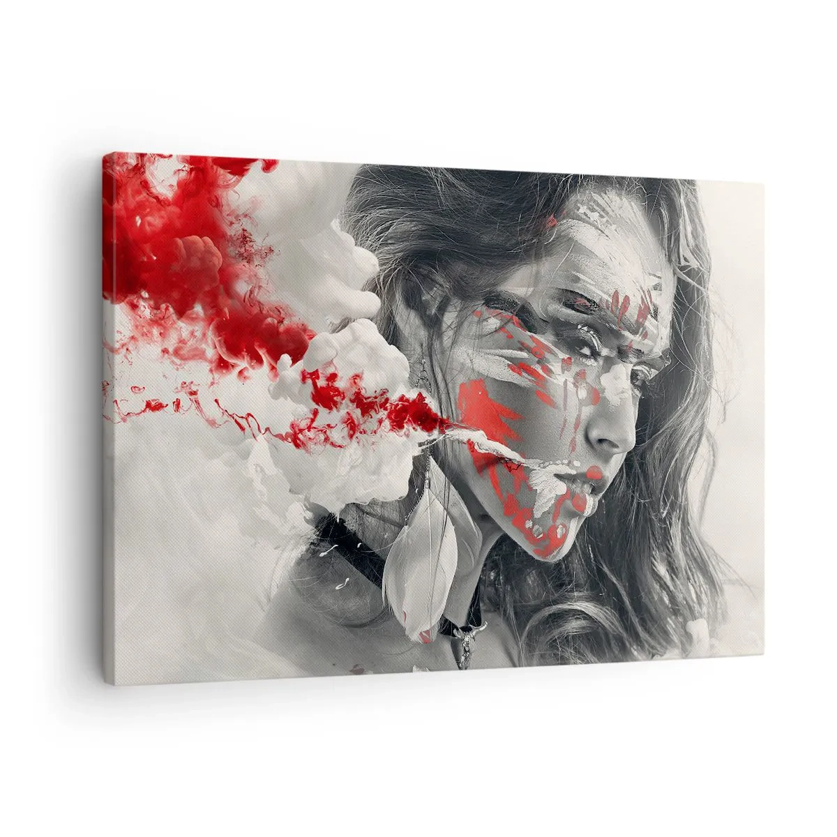 Obraz na płótnie - Artystyczny portret kobiety z abstrakcyjnymi czerwonymi akcentami - 70x50cm - W oparach absurdu - Nowoczesna dekoracja ścienna do salonu i sypialni ARTTOR