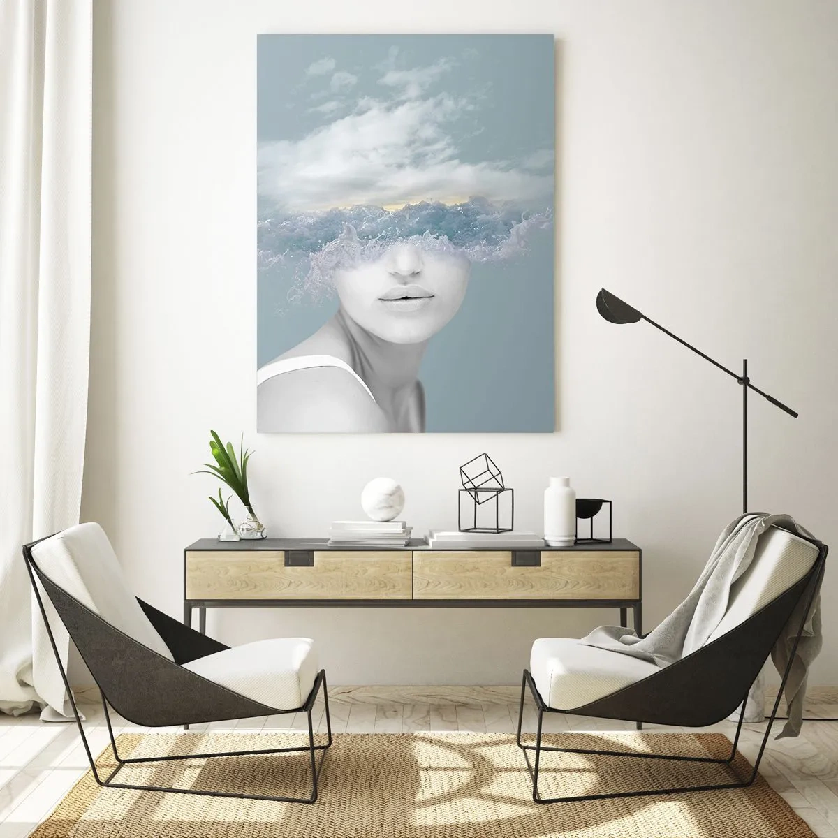 Obraz na szkle - Twarz kobiety połączona z niebem i chmurami w surrealistycznej wizji - 50x70cm - Z głową w chmurach - Nowoczesna dekoracja ścienna do salonu, kuchni i sypialni ARTTOR