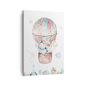 Obraz na płótnie - Urocza akwarela z dzieckiem i konikiem w balonie unoszącym się nad domkami - 70x100cm - Wrócimy wkrótce! - Nowoczesna dekoracja ścienna do salonu i sypialni ARTTOR