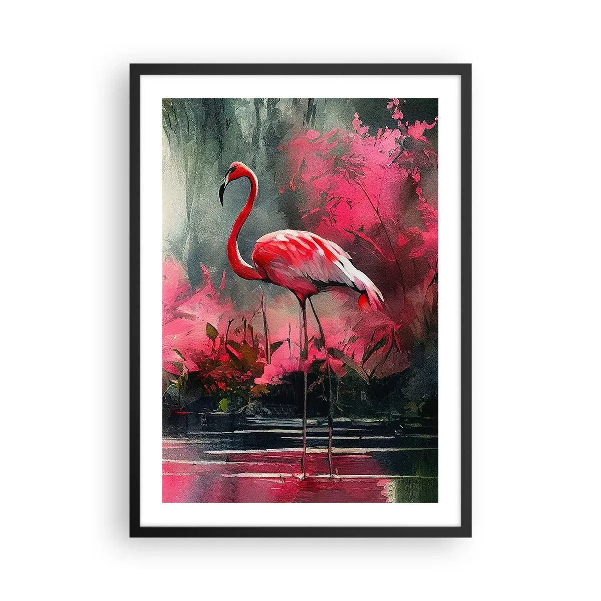 Plakat w czarnej ramie - Flaming w otoczeniu różowej roślinności nad wodą - 50x70cm - Lekcja naturalnego wdzięku - Nowoczesna dekoracja ścienna do salonu i sypialni ARTTOR