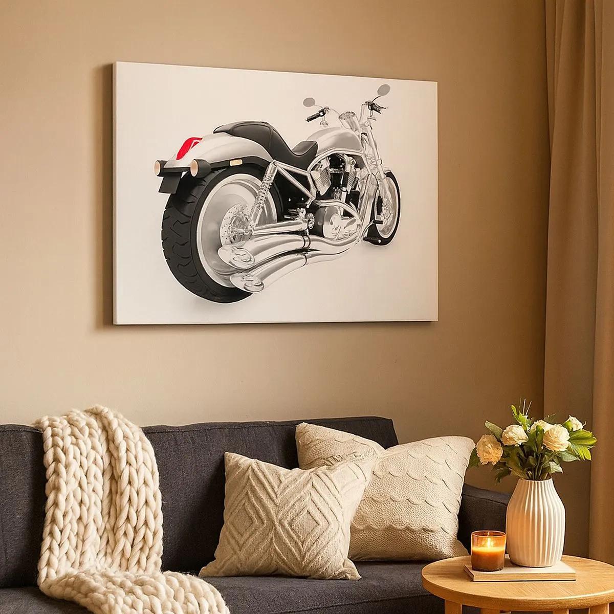 Obraz na płótnie - Chromowany motocykl na białym tle - 70x50cm - Marzenie kolekcjonera - Nowoczesna dekoracja ścienna do salonu i sypialni ARTTOR
