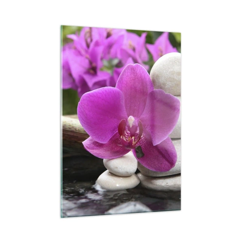 Obraz na szkle - Fioletowa orchidea, kamienie i bambusowy wodospad - 50x70cm - Już odpoczywasz - Nowoczesna dekoracja ścienna do salonu, kuchni i sypialni ARTTOR