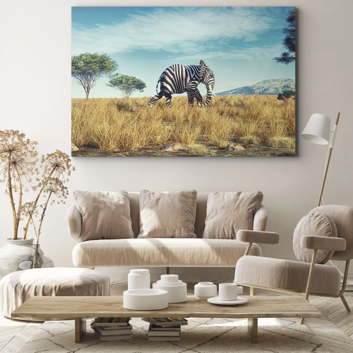 Obraz na płótnie - Zebra w afrykańskim krajobrazie - 120x80cm - Szarość już niemodna - Nowoczesna dekoracja ścienna do salonu, kuchni i sypialni ARTTOR