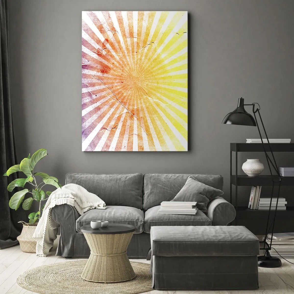Obraz na płótnie - Stylizowane promienie słońca w ciepłych barwach - 50x70cm - Wschody i zachody - Nowoczesna dekoracja ścienna do salonu, kuchni i sypialni ARTTOR