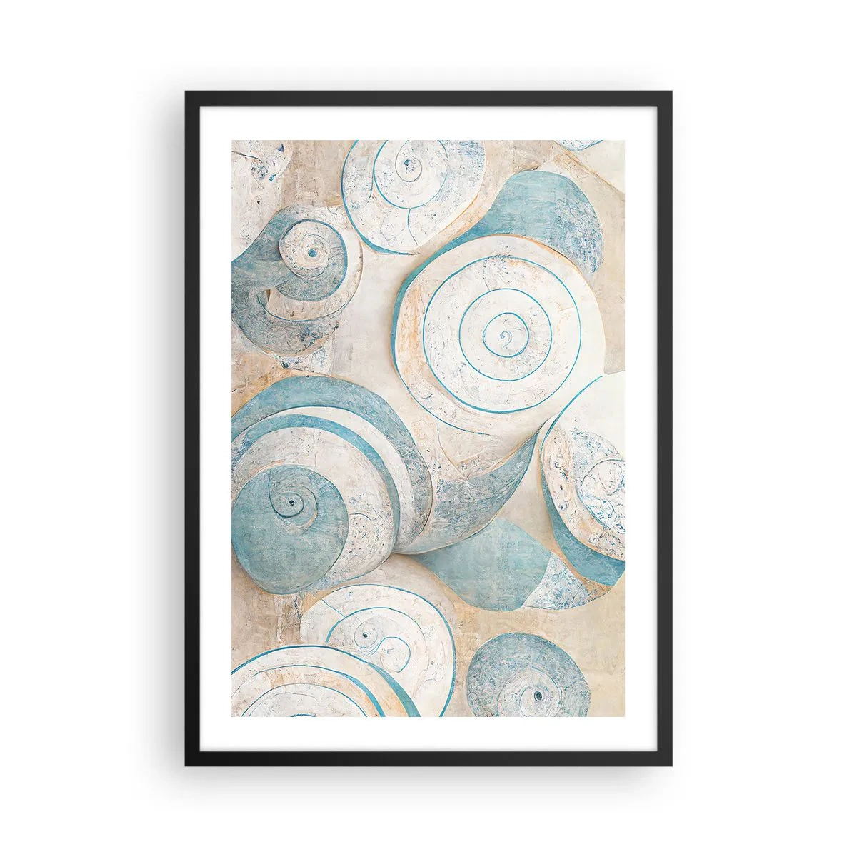 Plakat w czarnej ramie - Abstrakcyjne spirale w odcieniach błękitu i beżu - 50x70cm - Co kryje muszla? - Nowoczesna dekoracja ścienna do salonu i sypialni ARTTOR