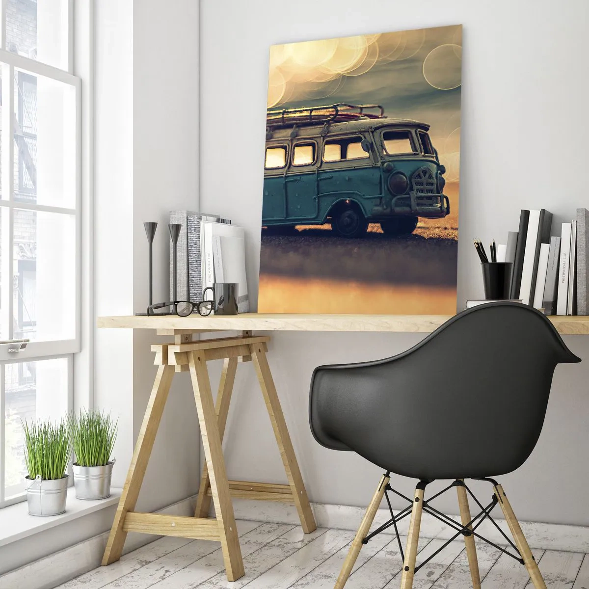 Obraz na szkle - Retro autobus na tle rozmytego światła - 70x100cm - Koniec bożków: pieniądza i pracy - Nowoczesna dekoracja ścienna do salonu i sypialni ARTTOR