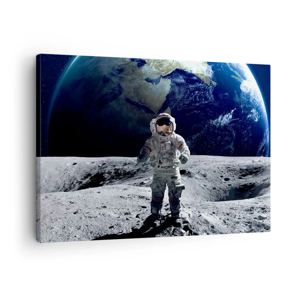 Obraz na płótnie - Astronauta na powierzchni Księżyca z Ziemią w tle - 70x50cm - Pozdrowienia z Księżyca - Nowoczesna dekoracja ścienna do salonu i sypialni ARTTOR