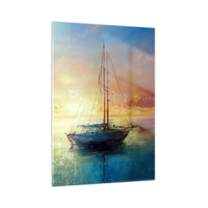 Obraz na szkle - Żaglówka na spokojnym morzu o złotym zachodzie słońca - 50x70cm - W złotej zatoce - Nowoczesna dekoracja ścienna do salonu, kuchni i sypialni ARTTOR