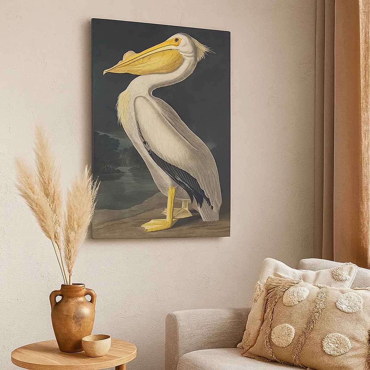 Obraz na płótnie - Pelikan na tle ciemnego krajobrazu - 50x70cm - Pełen dumy - Nowoczesna dekoracja ścienna do salonu, kuchni i sypialni ARTTOR