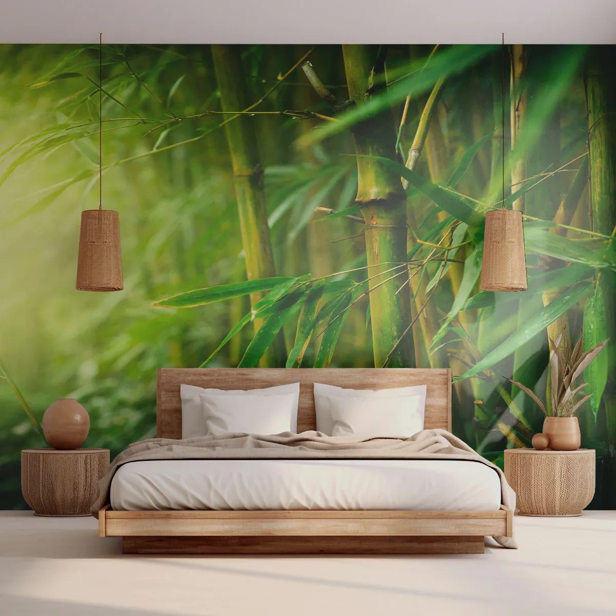 Fototapeta Premium Sand - Zielony las bambusowy w promieniach słońca - 100x70cm - Poznać zieleń samą w sobie - Nowoczesna dekoracja ścienna do salonu, kuchni i sypialni ARTTOR