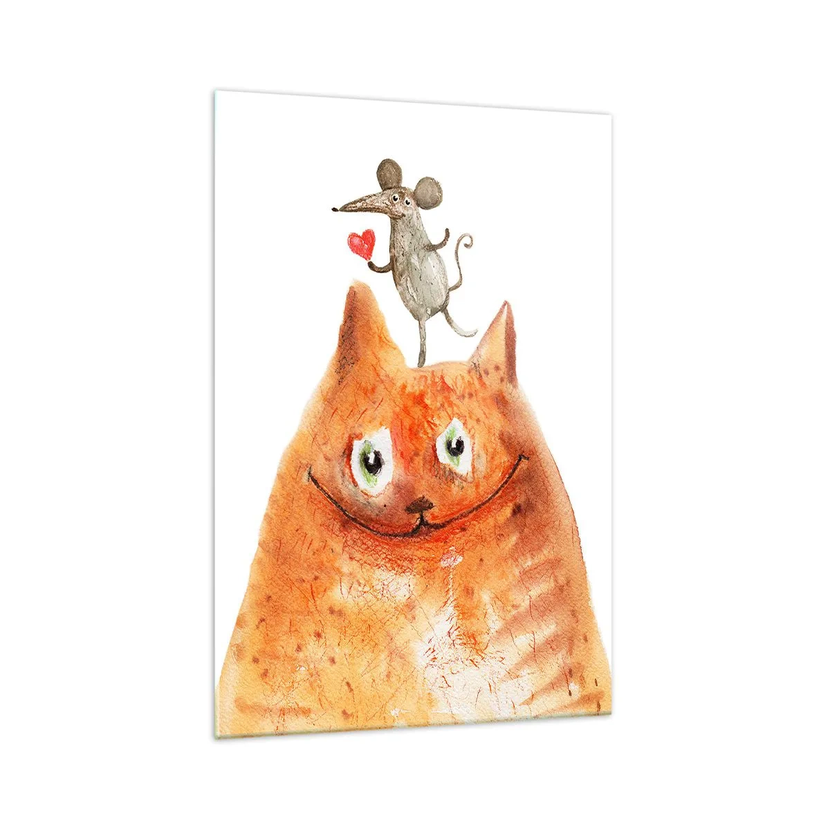 Obraz na szkle - Rysunek kota z myszą na głowie trzymającą serce - 70x100cm - Paradoksy miłości - Nowoczesna dekoracja ścienna do salonu i sypialni ARTTOR