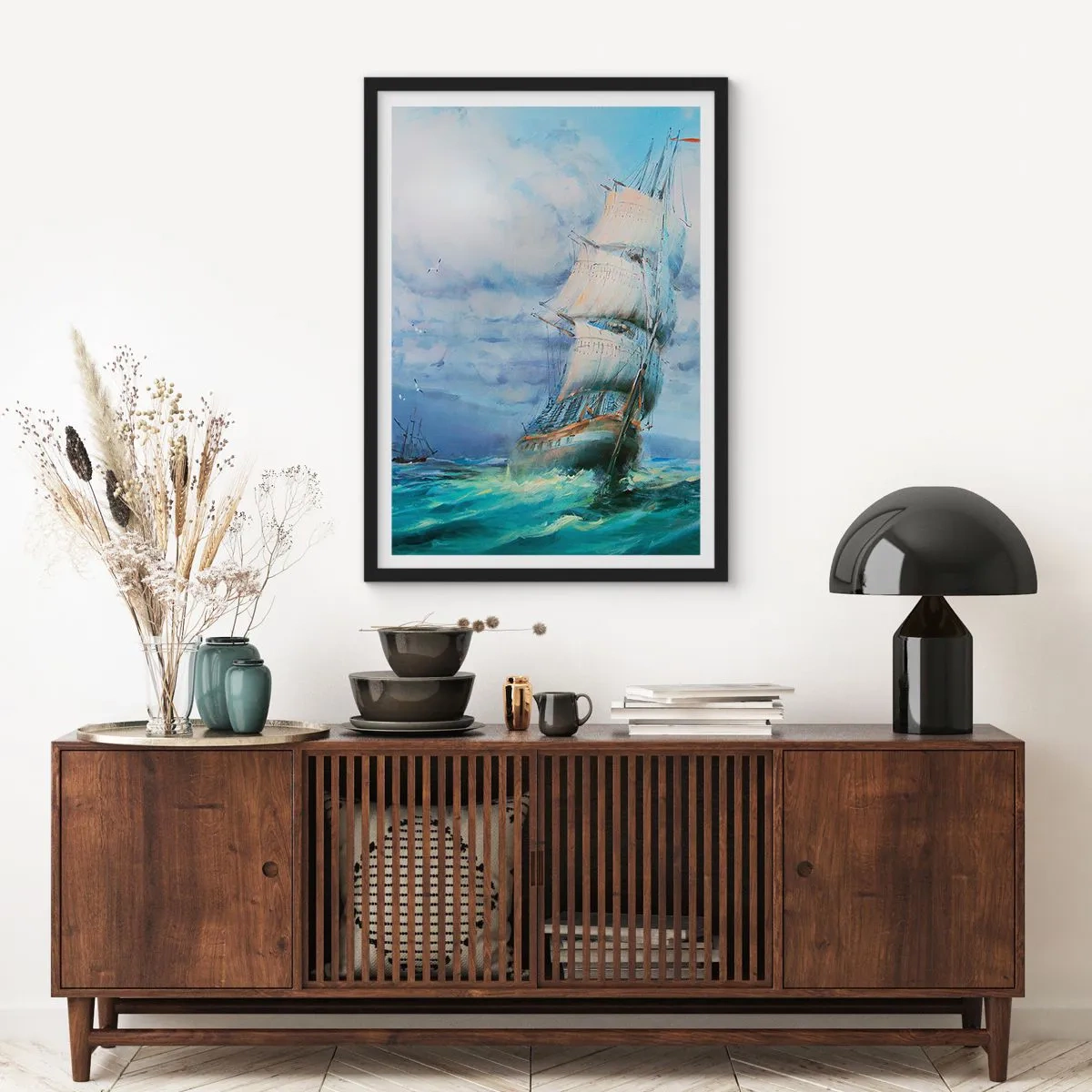 Plakat w czarnej ramie - Żaglowiec na wzburzonym morzu w akwareli - 50x70cm - Pomyślnych wiatrów - Nowoczesna dekoracja ścienna do salonu i sypialni ARTTOR