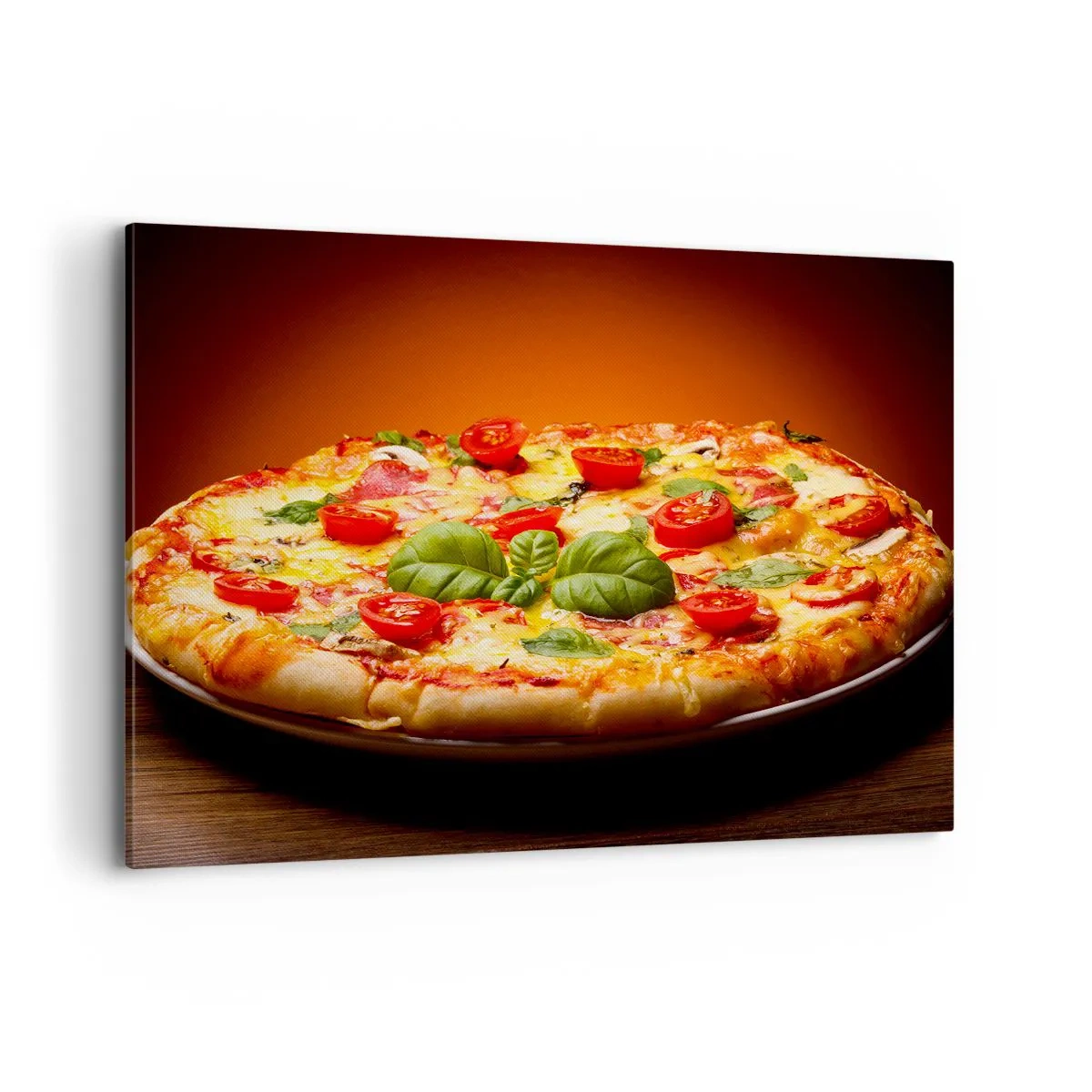 Obraz na płótnie - Pizza z pomidorami i bazylią na drewnianym stole - 120x80cm - Mamma mia! - Nowoczesna dekoracja ścienna do salonu, kuchni i sypialni ARTTOR