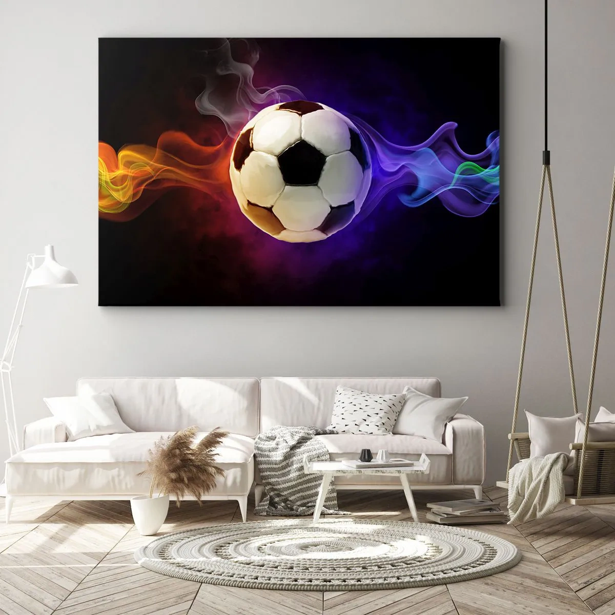 Obraz na płótnie - Piłka nożna otoczona kolorowymi efektami dymu na ciemnym tle - 100x70cm - Magiczna moc gry - Nowoczesna dekoracja ścienna do salonu, kuchni i sypialni ARTTOR