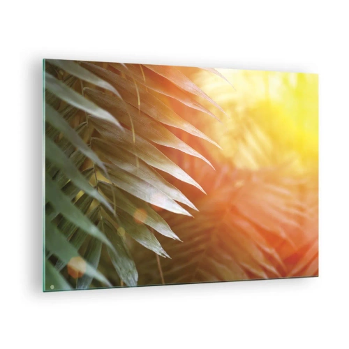 Obraz na szkle - Liście palm w blasku porannego słońca w tropikalnej scenerii - 70x50cm - Poranek w dżungli - Nowoczesna dekoracja ścienna do salonu i sypialni ARTTOR