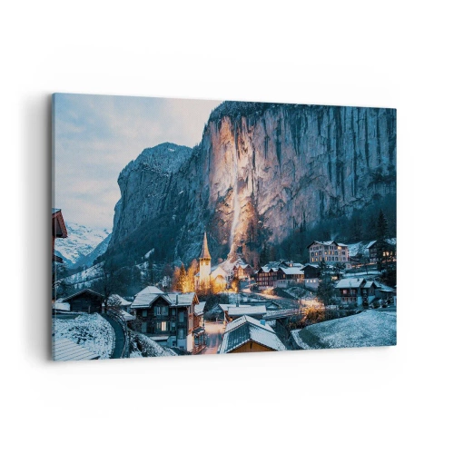 Obraz na płótnie - Malownicza zimowa wioska otoczona górami - 120x80cm - Świetlisty duch zimy - Nowoczesna dekoracja ścienna do salonu, kuchni i sypialni ARTTOR
