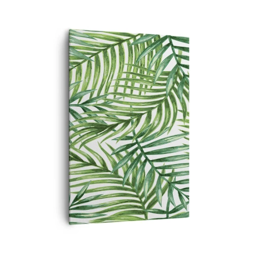 Obraz na płótnie - Zielone liście tropikalnych palm na jasnym tle - 70x100cm - Pod zielonym baldachimem - Nowoczesna dekoracja ścienna do salonu i sypialni ARTTOR